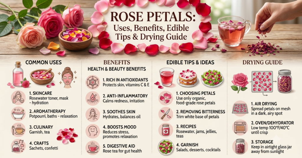 Rose Petals: Uses, Benefits, Edible Tips & Drying Guide