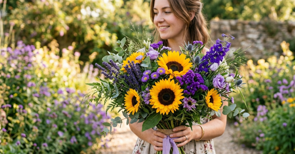 Sunflower and Purple Flower Bouquet Ideas & Designs